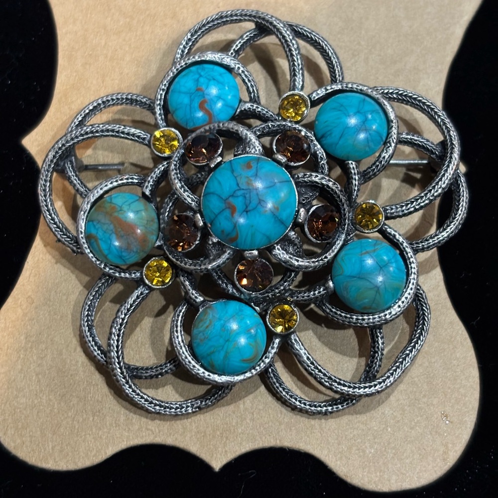 Chico's Brooch Pin Faux Turquoise Amber Color Crystal Rhinestone Silver Tone